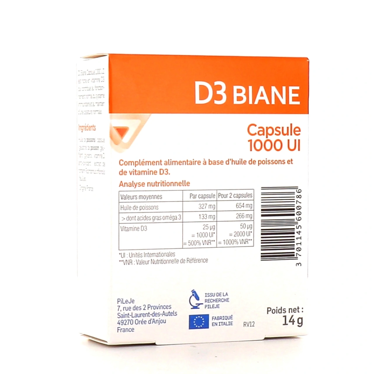 Pileje D3 Biane 30 capsules 1000UI - Vue 2