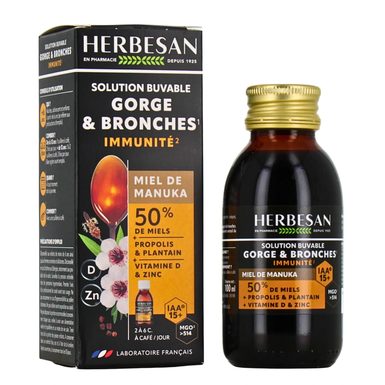 Herbesan Miel de Manuka Sirop Gorge et Bronches - Herbesan