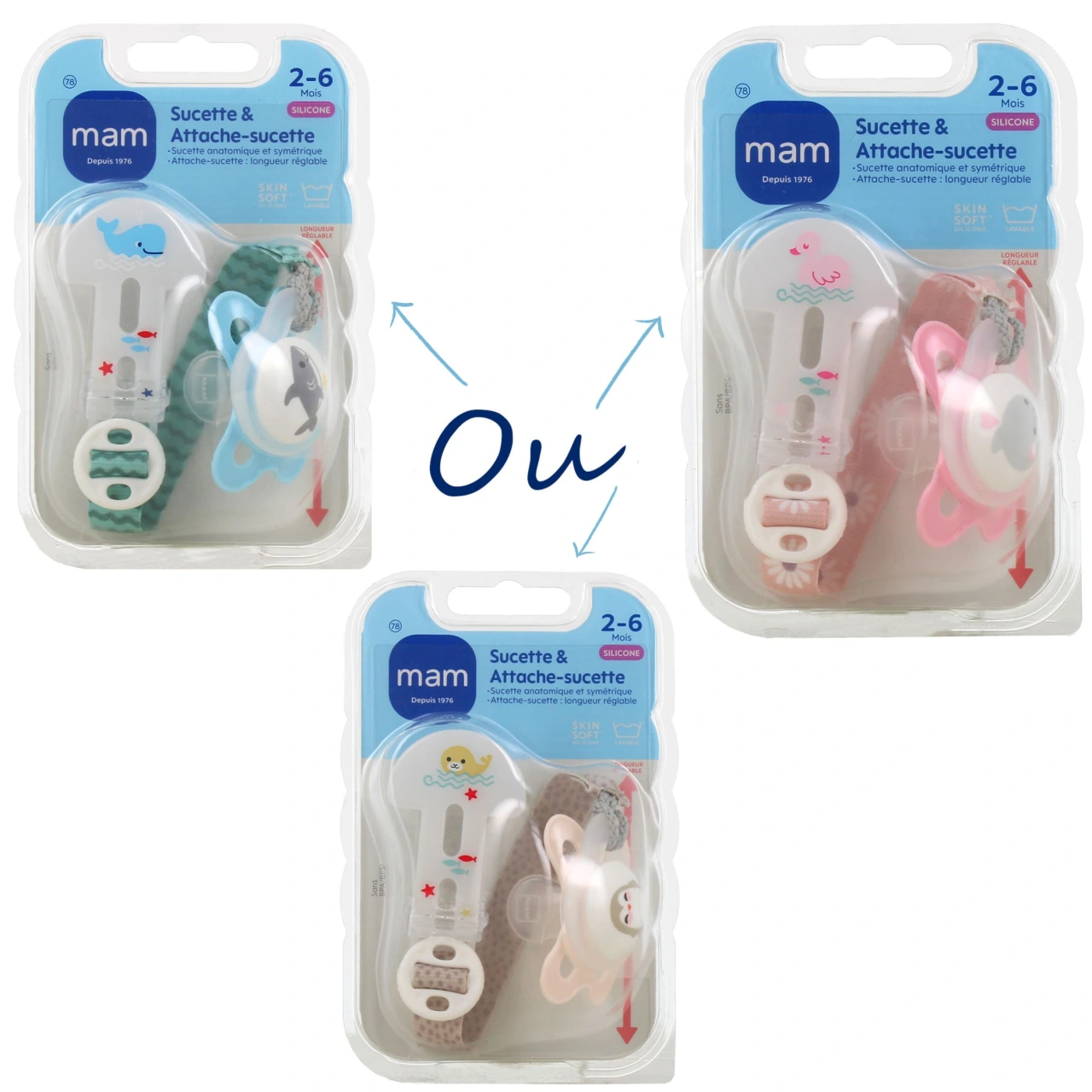 MAM Kit Sucette silicone avec attache-sucettes 2-6 mois - MAM