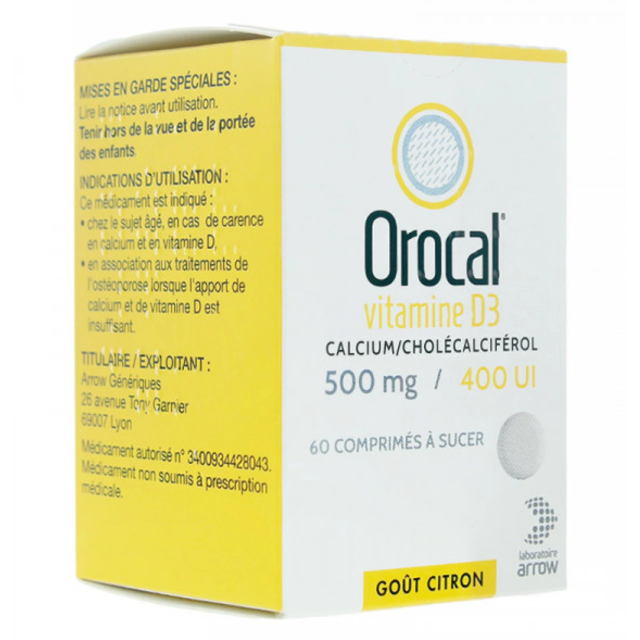 Orocal vitamine D3 500mg / 400UI comprimés à sucer - Arrow
