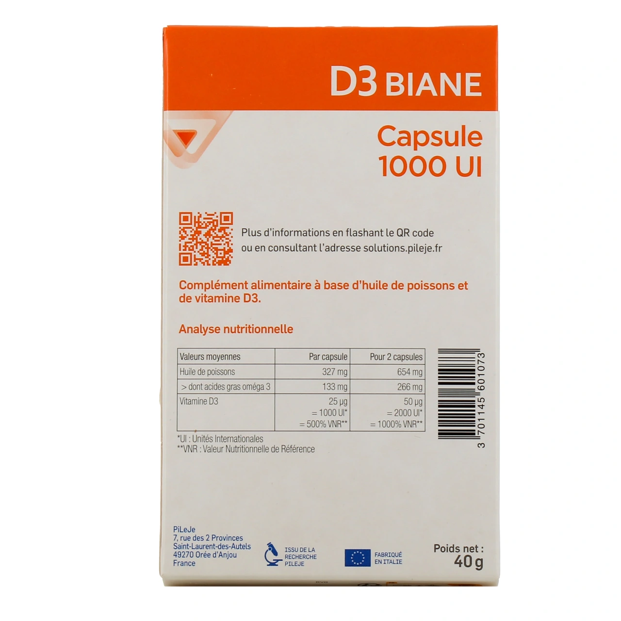 Pileje D3 Biane 30 capsules 1000UI - Vue 5