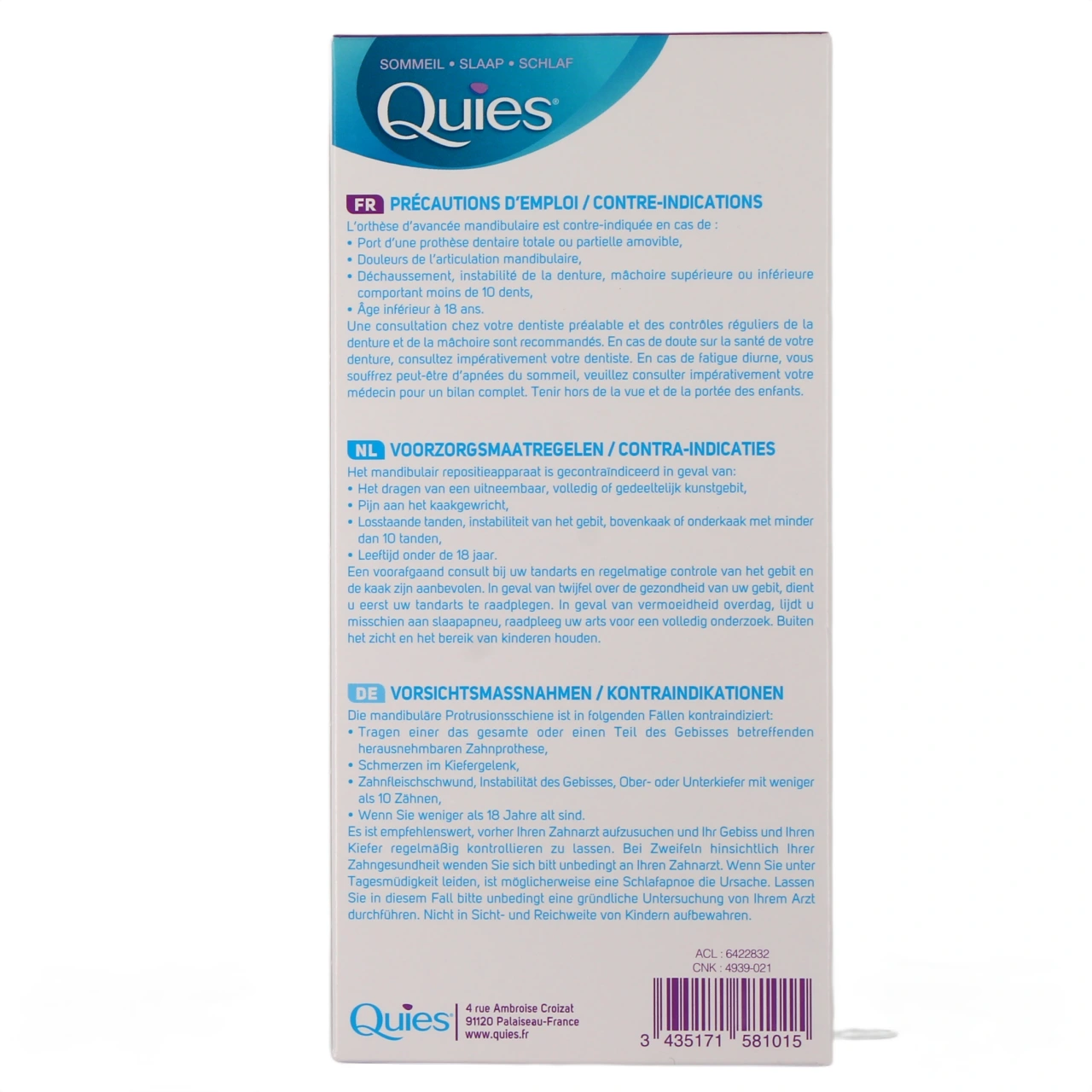 Quies Orthèse d'Avancée Mandibulaire Ronflement et Apnée Modérée du Sommeil - Vue 3