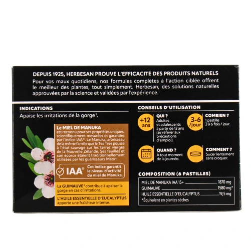 Herbesan Pastilles Gorge Miel de Manuka IAA 15+
