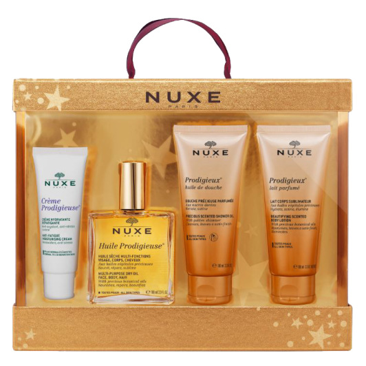 Coffret Huile Prodigieuse Nuxe - Huile Prodigieuse 100 ml + Crème Prodigieuse 50 ml + Huile de Douche 100 ml + Lait parfumé 100 ml